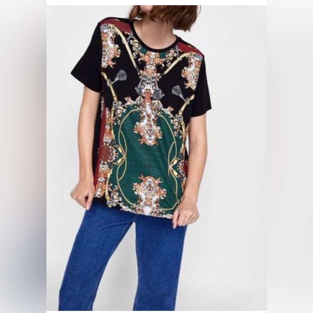 NEW🍀Zara made in Portugal Black and Green Graphic Tee small tshirt